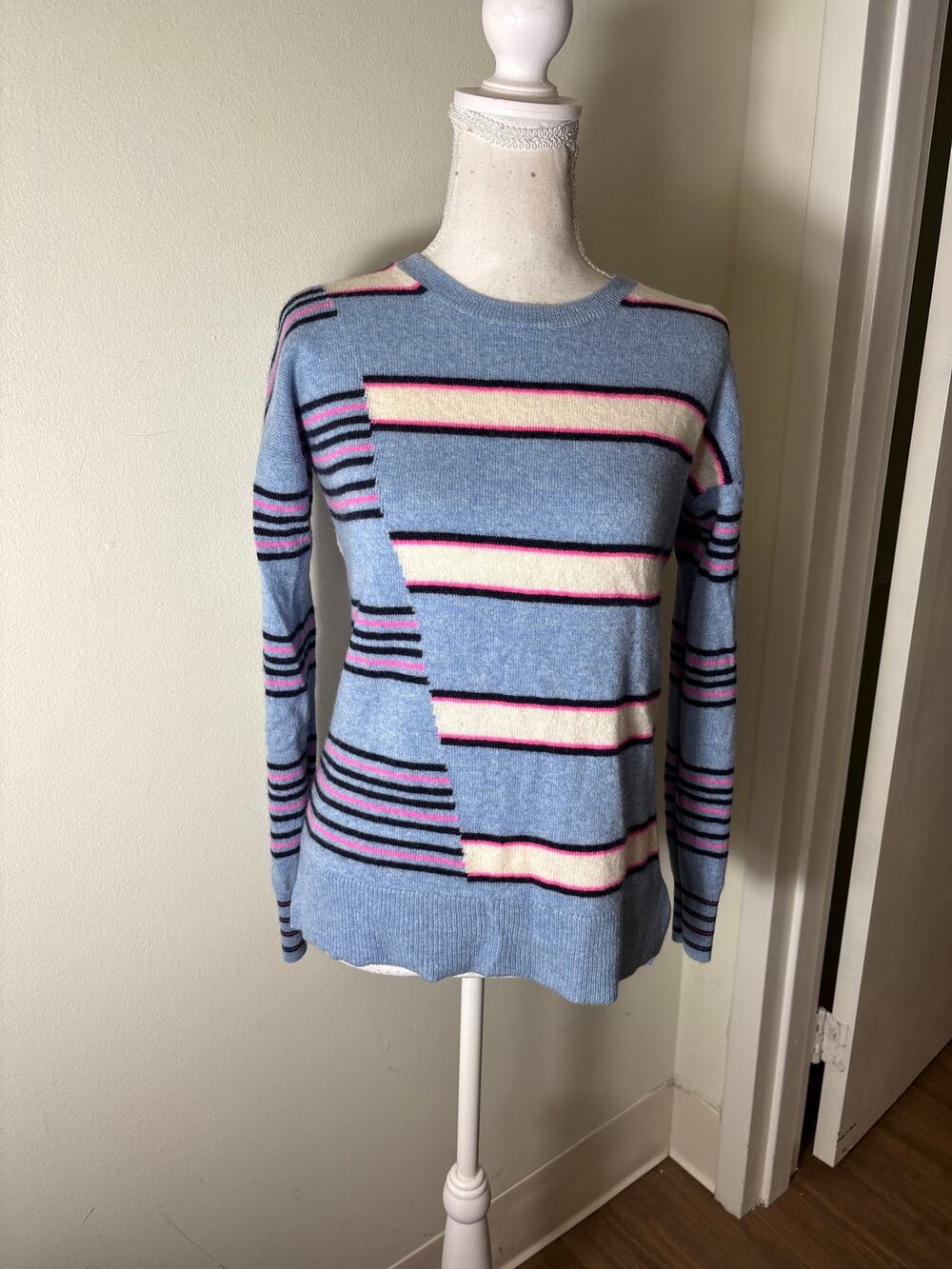 Aqua Blue and Pink Stripe Cashmere Sweater Sz XS